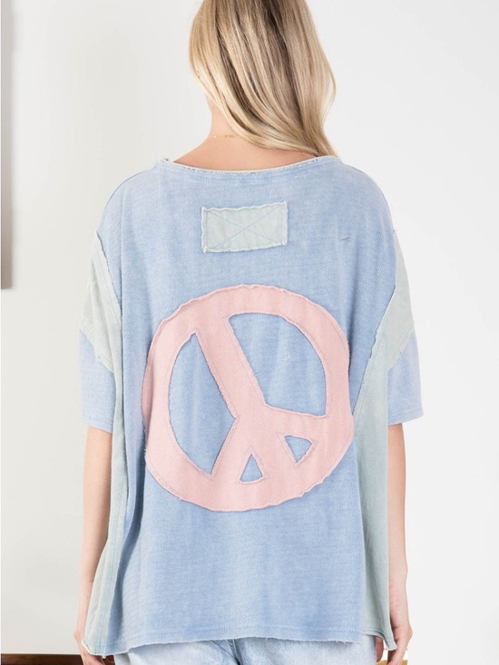 Blue Velvet Tops - Bluevelvet peace patchwork top Light Blue Short Sleeve Tee with Pink Peace Patch